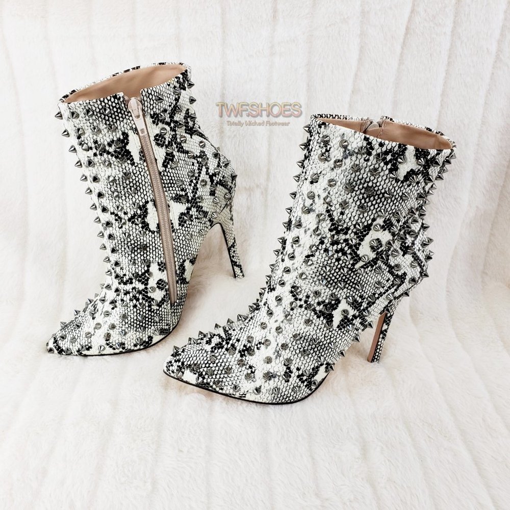 Passion Off White Black Snake Spiked 4.5" High Heel Ankle Boots - Picture 3 of 12